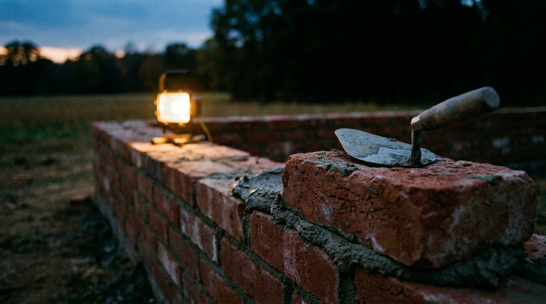 Laying the first course of brick at dusk