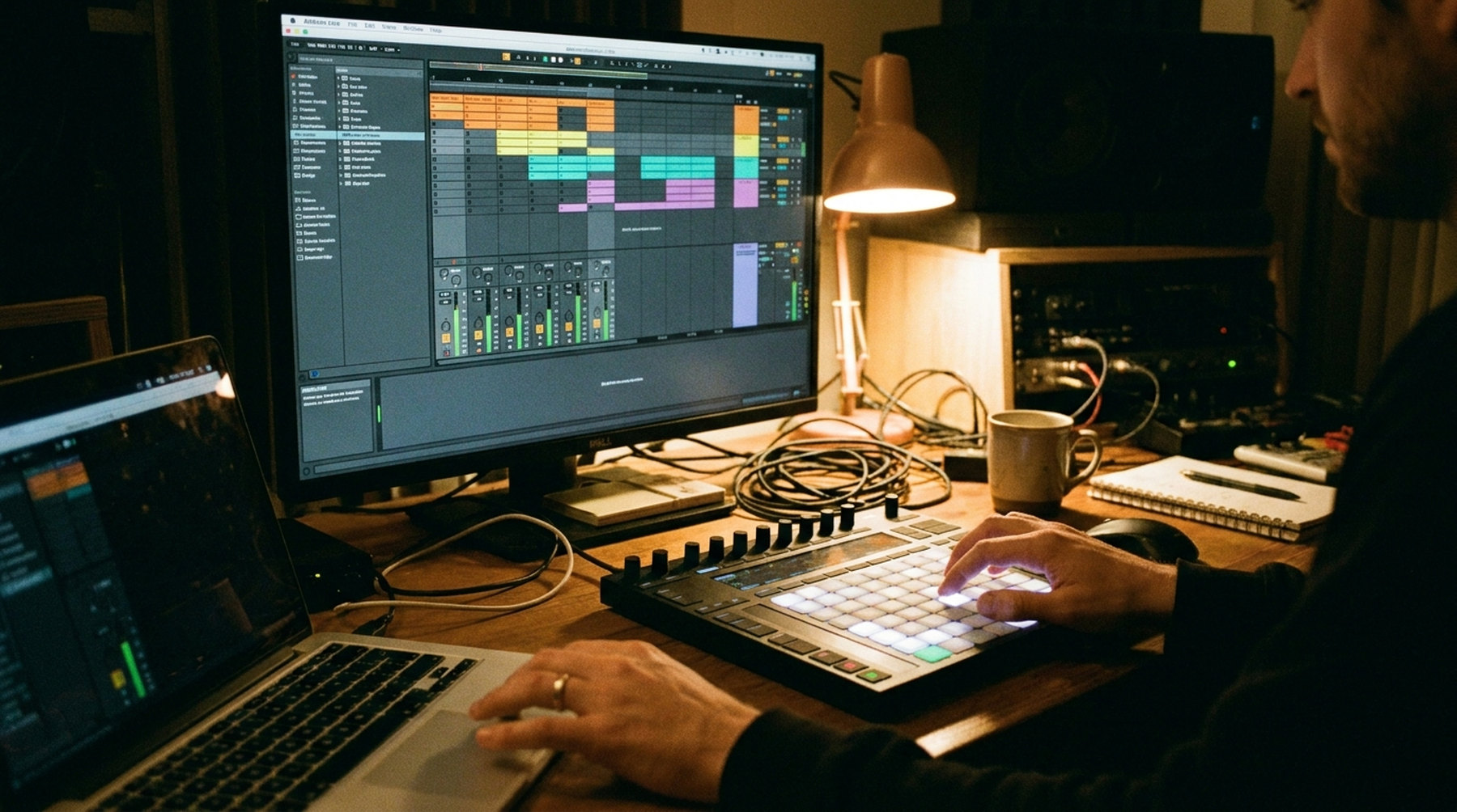 Producing in Ableton Live on a Push controller, late at night