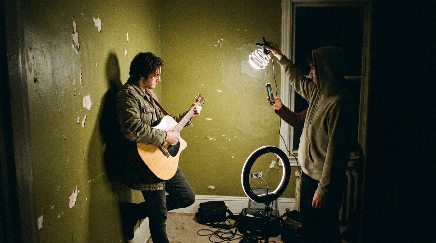 A DIY press shoot — phone, clamp light, painted wall